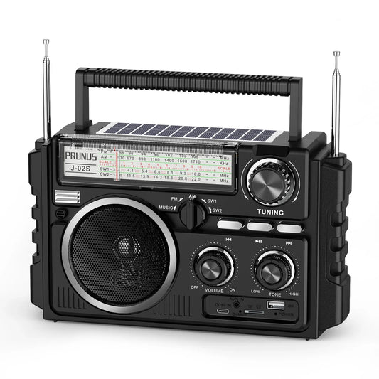 J-02S Portable AM/FM/SW Radio – Dual Antenna Solar Rechargeable 1800mAh Battery, Bluetooth Music Player for Outdoor Emergency Use