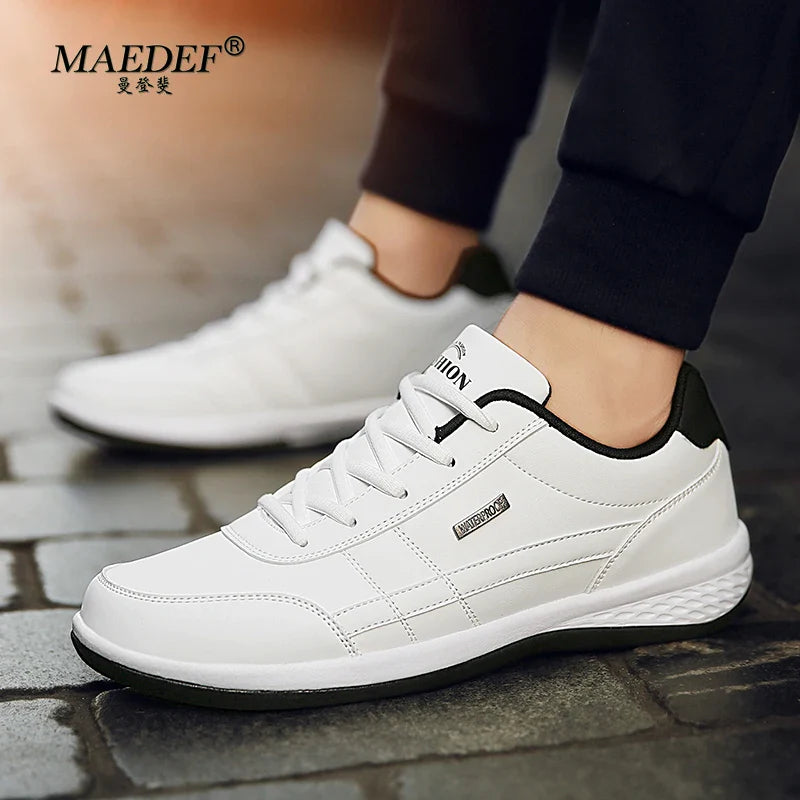 MAEDEF Men's Leather Sneakers – Waterproof Casual Lace-Up Footwear, Comfortable Vulcanized Shoes for Men