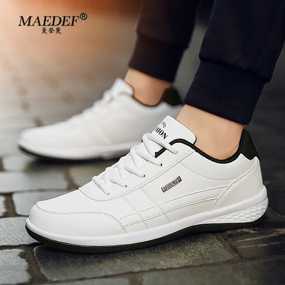 MAEDEF Men's Leather Sneakers – Waterproof Casual Lace-Up Footwear, Comfortable Vulcanized Shoes for Men