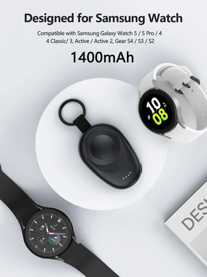 1400mAh Portable Wireless Power Bank — Magnetic Keychain Charger for Samsung Galaxy Watch 7/Ultra/6/6 Classic/5 Pro/4/3 & Active 2/1