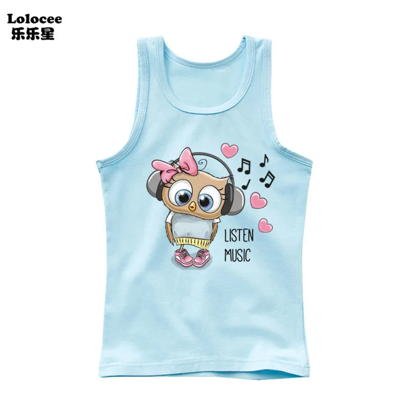 Girls Owl Print Tank Top - Sleeveless Cotton Sports Vest Shirt for Kids 3-14 Years