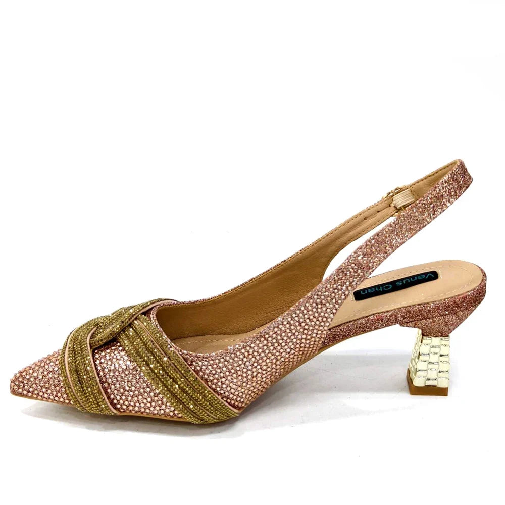 Venus Chan Women’s Champagne Shoe & Bag Set - Rhinestone Heels and Handbag for Nigerian Parties & Weddings