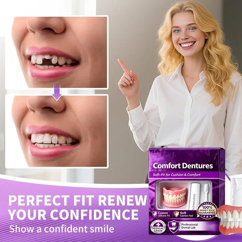 Full Set Natural Dentures - Upper & Lower Silicone Fake Teeth for Instant Smile & Oral Care
