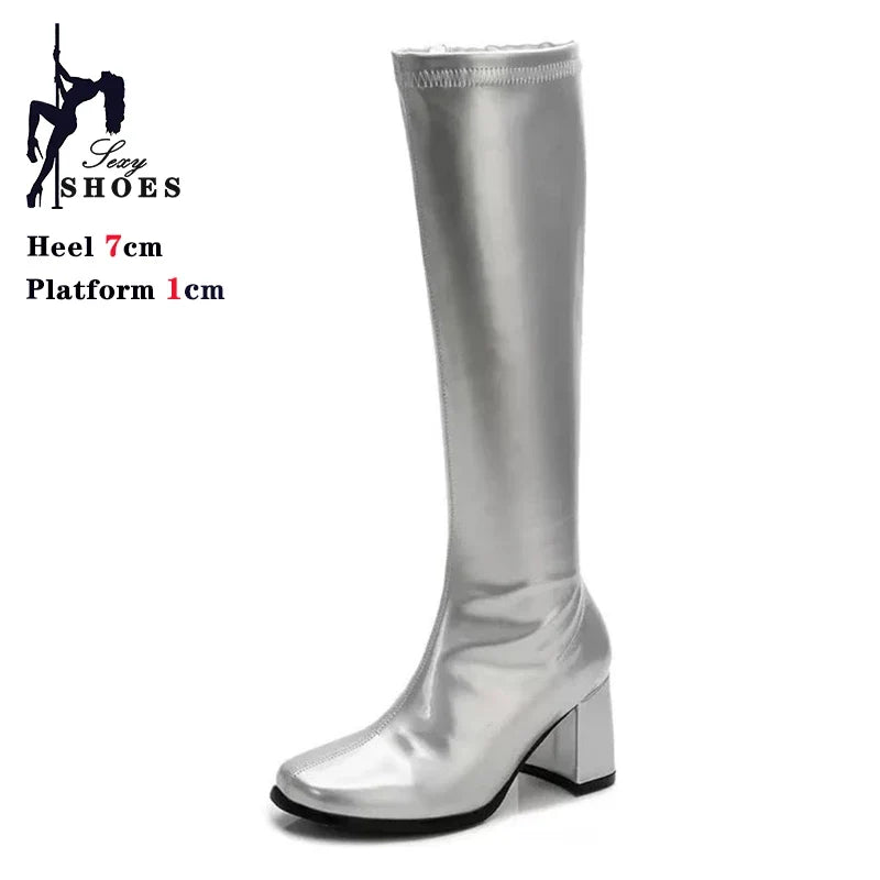 Women’s 7cm Retro Gogo Boots - 60s 70s Knee-High Square Heel Party Boots with Zip Size 44-45