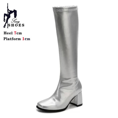 Women’s 7cm Retro Gogo Boots - 60s 70s Knee-High Square Heel Party Boots with Zip Size 44-45
