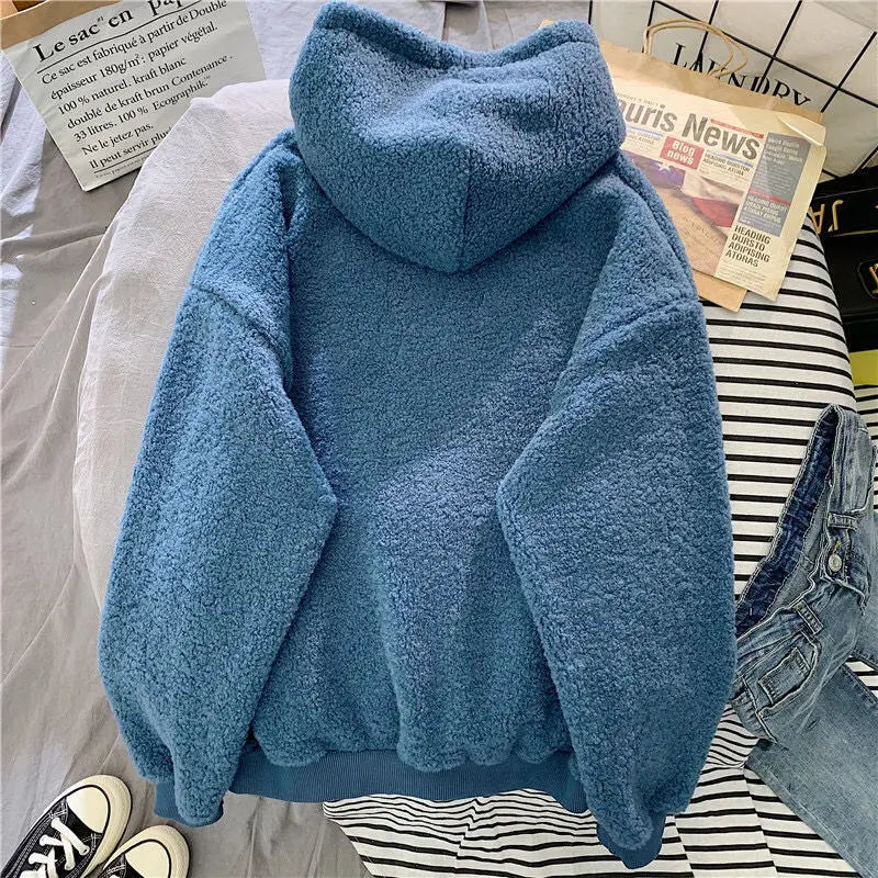 Women's Warm Fluffy Hoodie - Autumn Winter Lamb Wool Fleece Pullover Sweatshirt with Letter Print