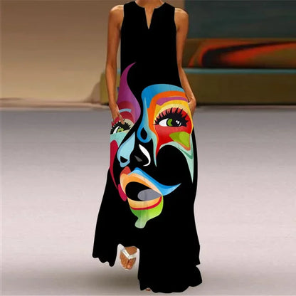Women’s Retro V-Neck Summer Dress - Sleeveless Printed Maxi Swing Skirt with Loose Comfortable Fit