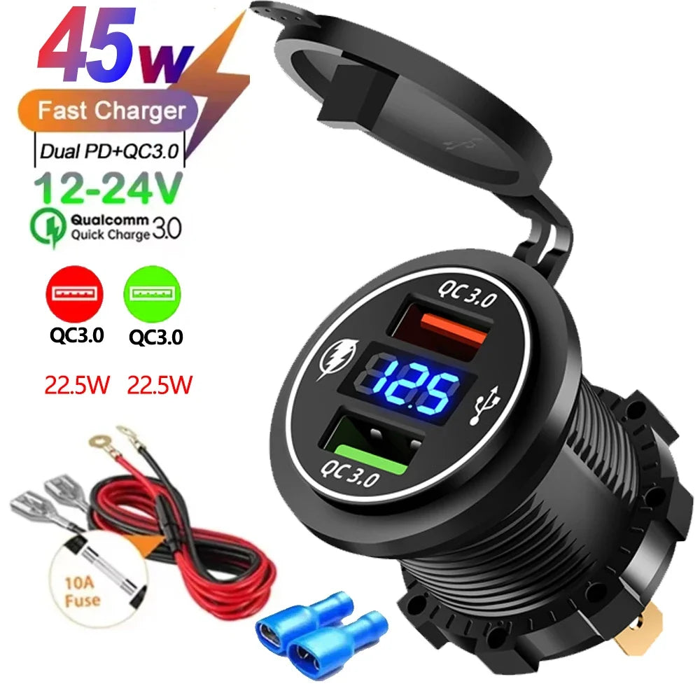 USB Car Charger 12/24V - Dual Socket PD3.0 & QC3.0 Fast Charging Station with LED Voltmeter Switch