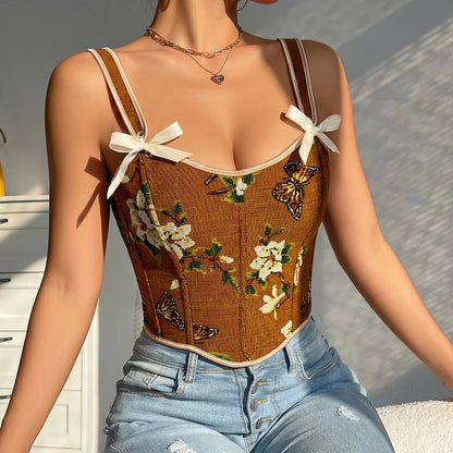 French Style Floral Corset Crop Cami – Bow Tie Lace-Up Spaghetti Strap Fitted Bustier Top for Women