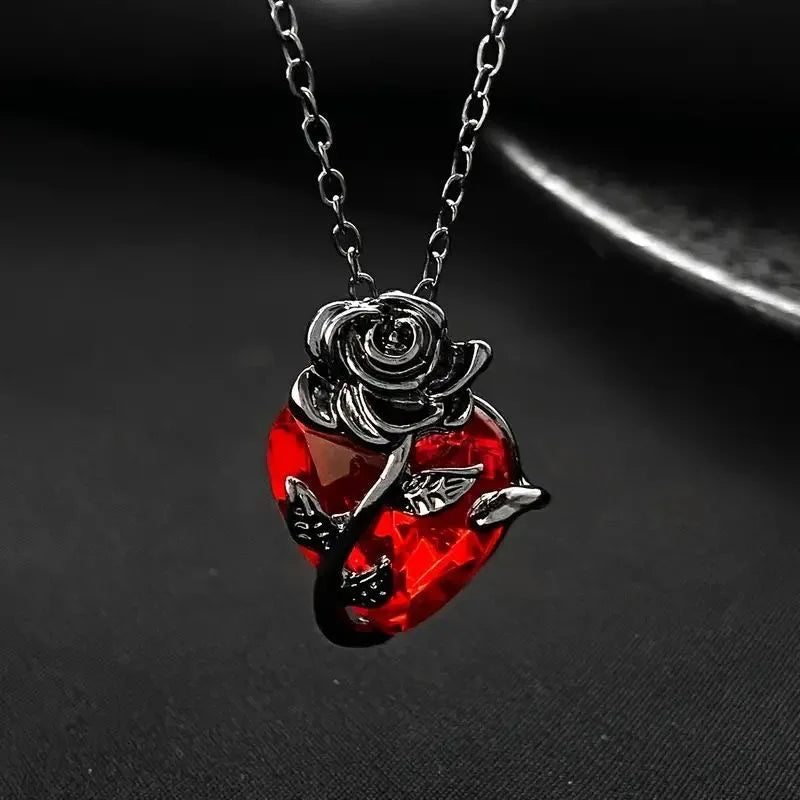 Gothic Rose Love Necklace - Y2K Grunge Style Silver Tone Human Heart Pendant Jewelry Gift for Women