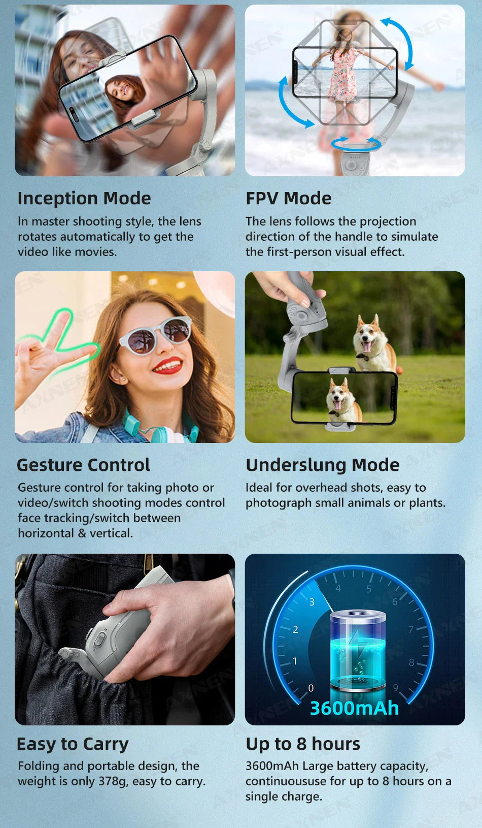 3 Axis Handheld Gimbal Stabilizer with Fill Light – Smartphone Stabilizer for iPhone & Android, Face Tracking, TikTok, Vlog – HQ6