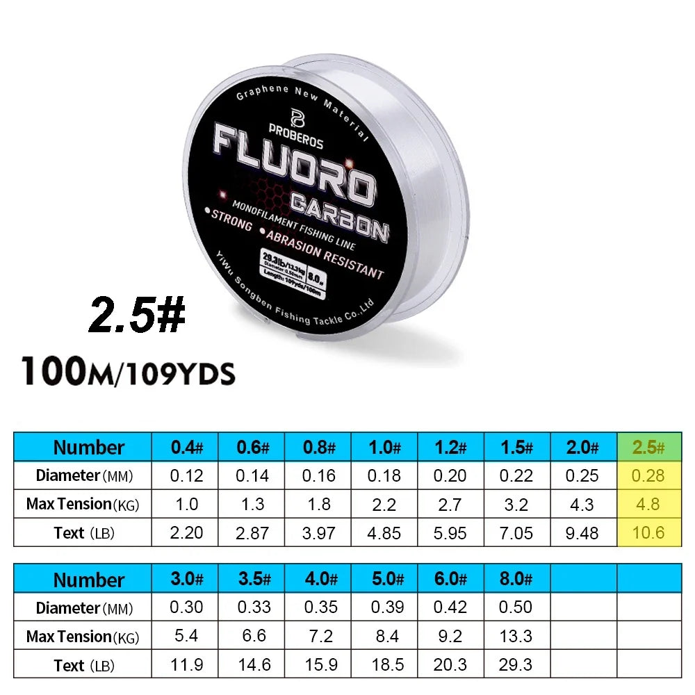PROBEROS 100M Fluorocarbon Fishing Line - Carbon Fiber Monofilament Leader Line for Carp & Sinking Fishing Tackle