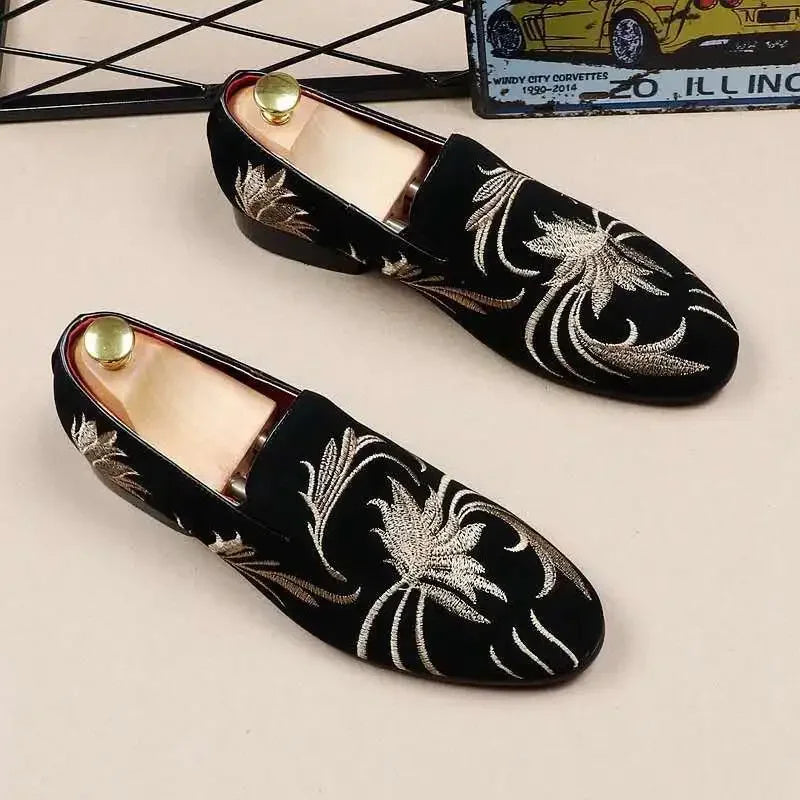 Men's Suede Leather Loafers - Luxury Embroidered Moccasins for Party & Wedding