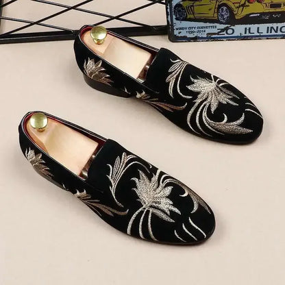 Men's Suede Leather Loafers - Luxury Embroidered Moccasins for Party & Wedding