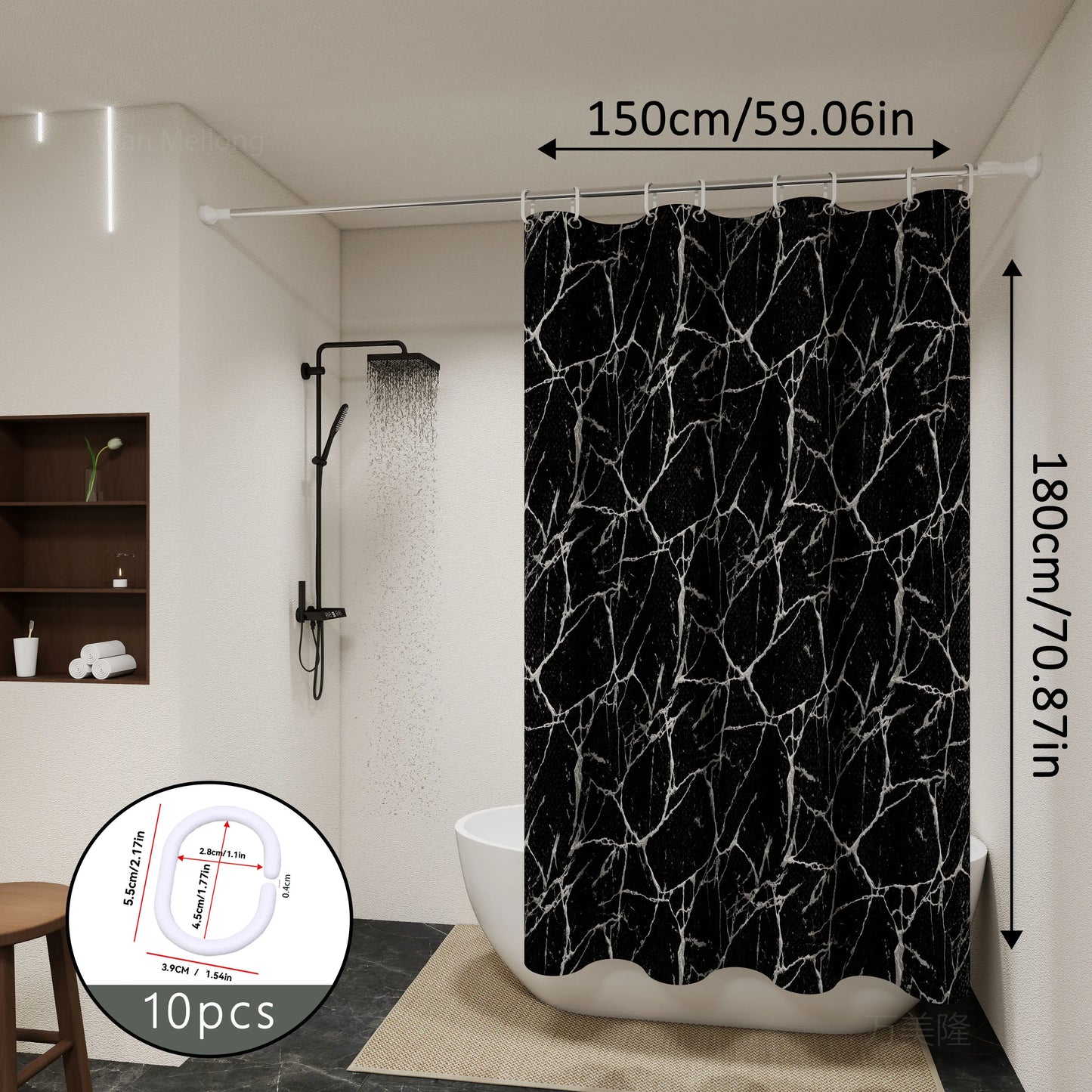 Black Marble Shower Curtain - Stylish Bathroom Partition & Toilet Privacy Curtain