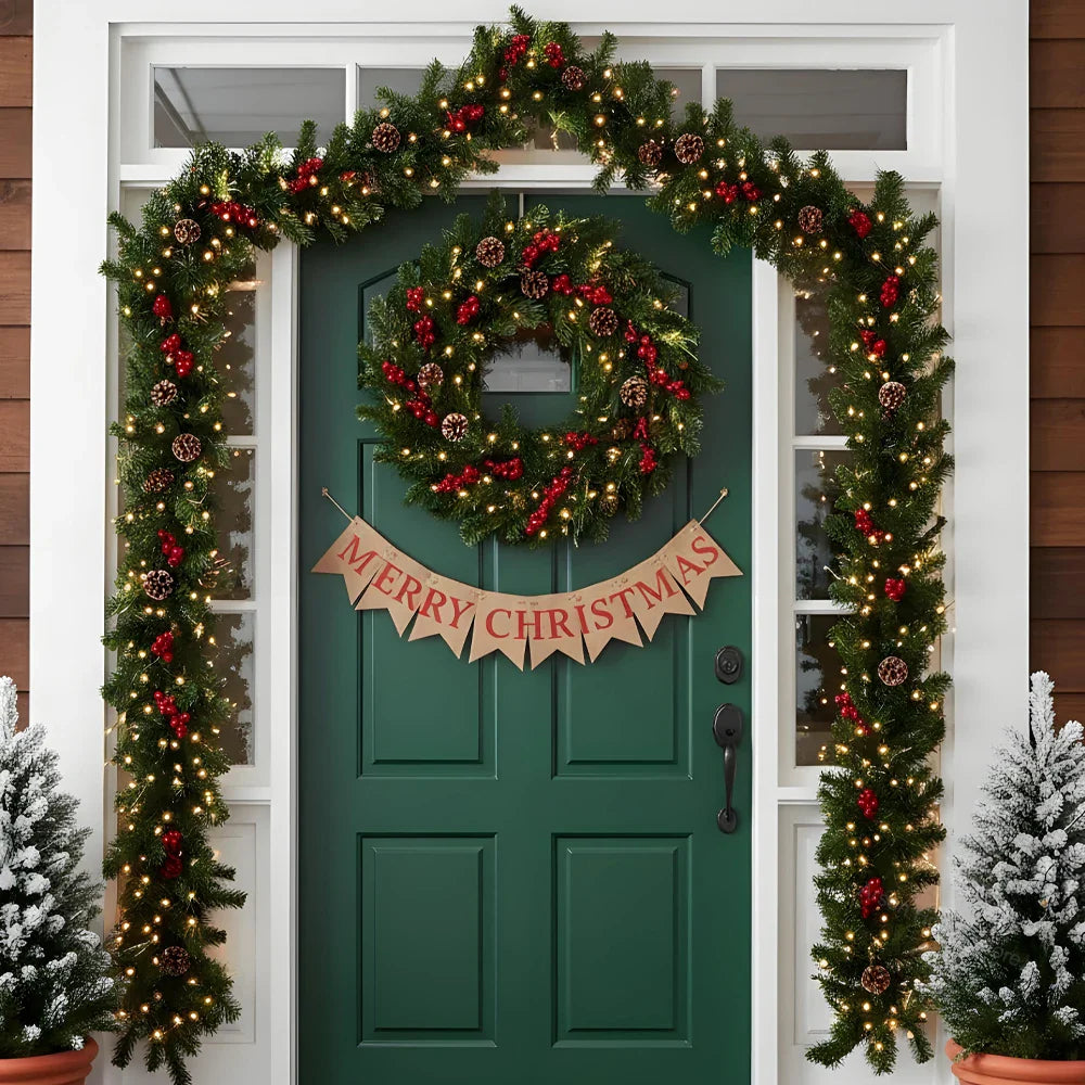 Christmas Garland Wreath with Pinecones & Red Berries – Artificial LED Rattan Decor for Tree, Stairs & Door