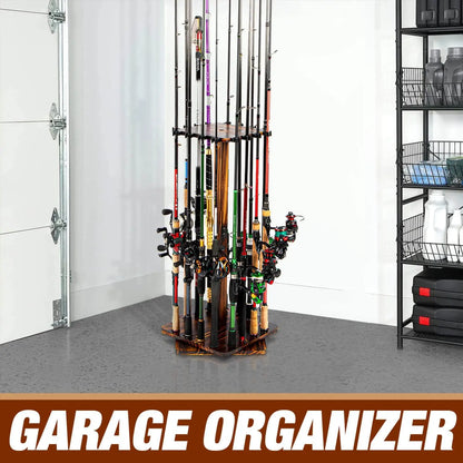 360° Rotating Fishing Rod Holder Rack - 16 Rod Floor Stand Organizer for Garage & Fishing Gear Storage