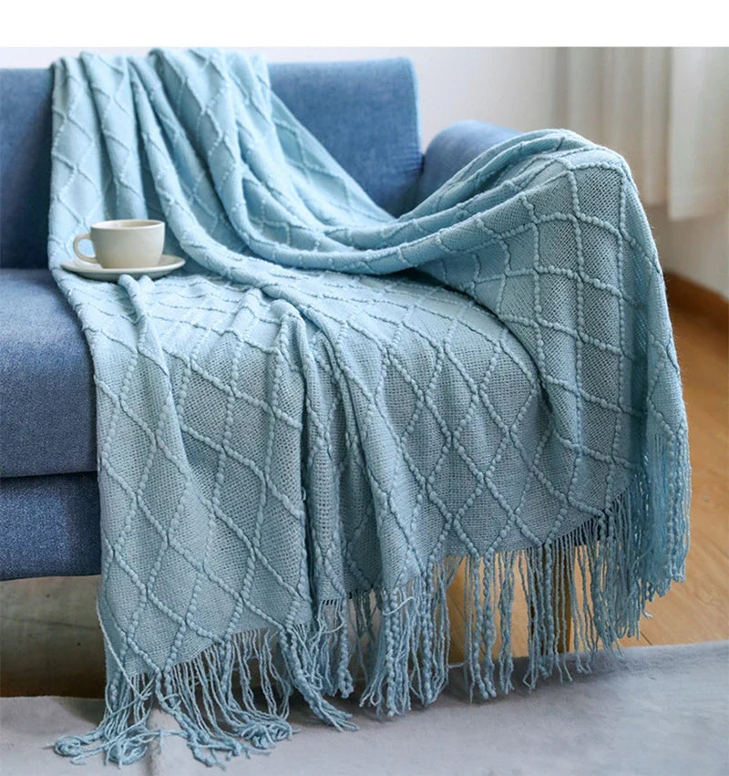White Boho Throw Blanket – Textured Chunky Knitted Vintage Luxury Bedspread, Sofa Cover Manta Para Sofá