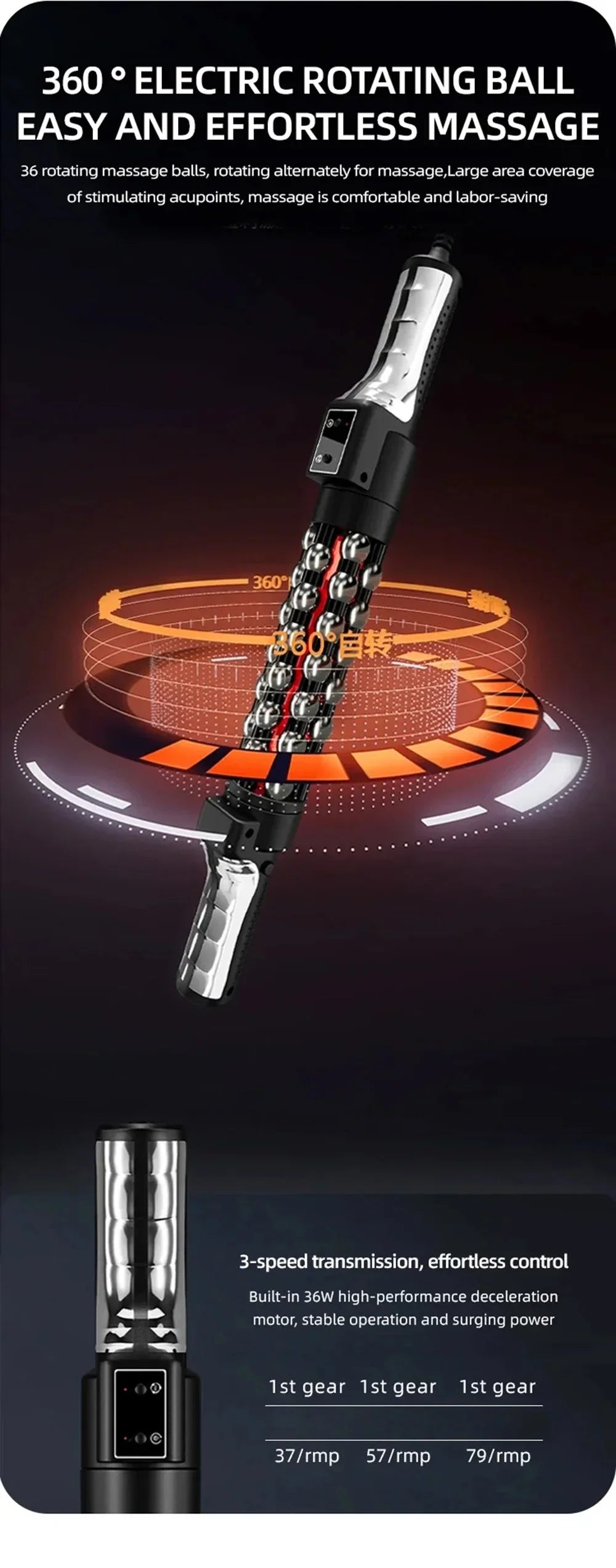 36W Red Light Heated Massage Roll Massager - 360° Rotating Inner Ball for Full Body & Anti-Cellulite