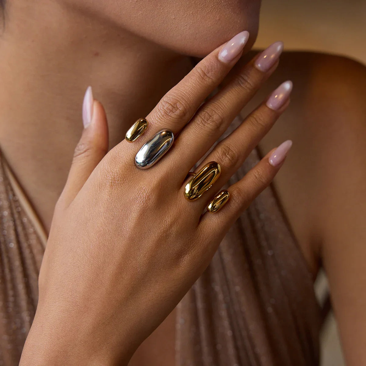 Uworld Two-Tone Geometric Double Layer Ring – Stainless Steel Waterproof Adjustable Finger Jewelry