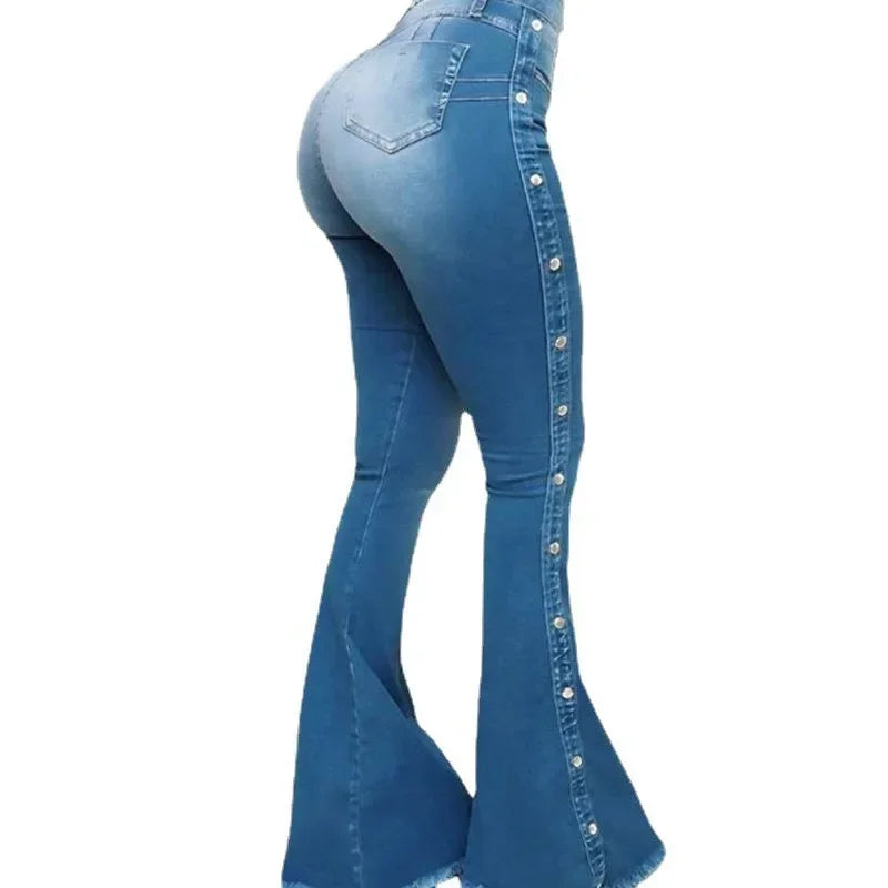 Women’s High Waist Flare Jeans - Stretch Denim Vintage Button Trousers for Spring Autumn Streetwear Fashion