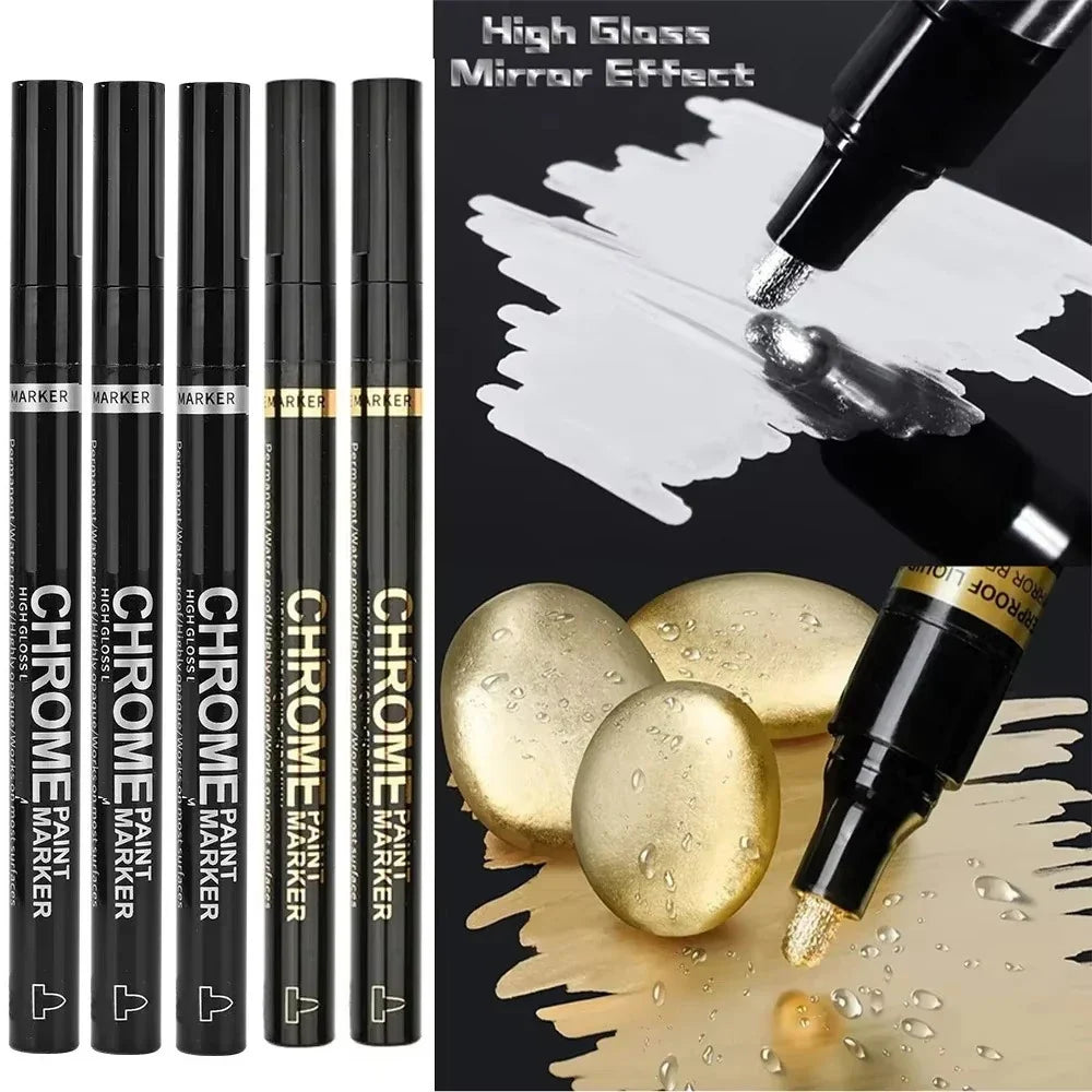 Chrome Paint Marker Pen - Waterproof Gold & Silver Metallic Repair Marker for Glass, Ceramic, Rock & Metal, 2mm Nib