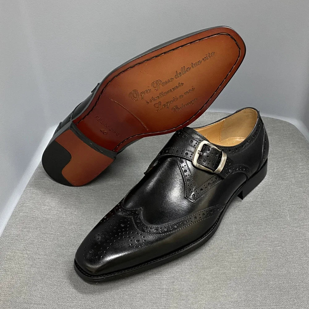 Men’s Luxury Genuine Leather Wingtip Oxfords - Italian Monk Strap Buckle Brogue Shoes for Business & Wedding Formal Wear