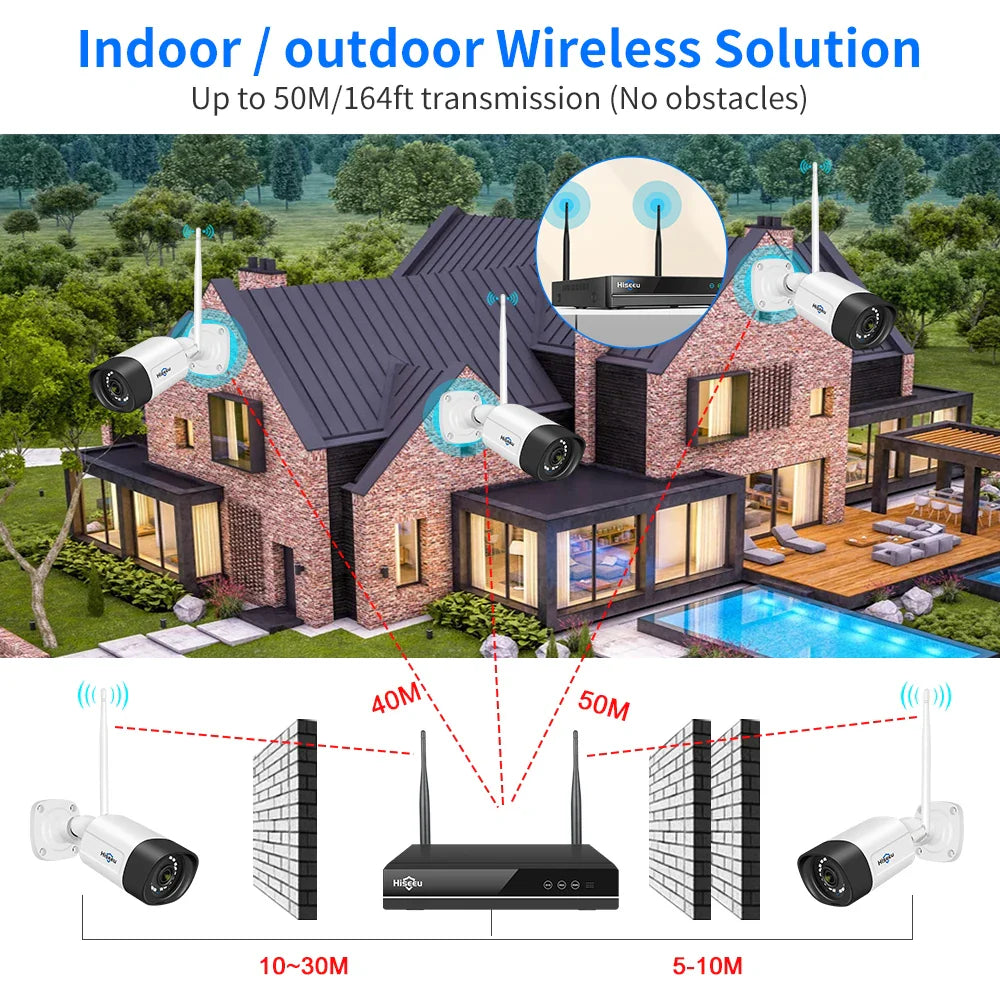 Hiseeu 10CH 5MP WiFi Security Camera System — H.265 NVR with Color Night Vision, Human Motion Detection & 2-Way Audio Outdoor Cameras