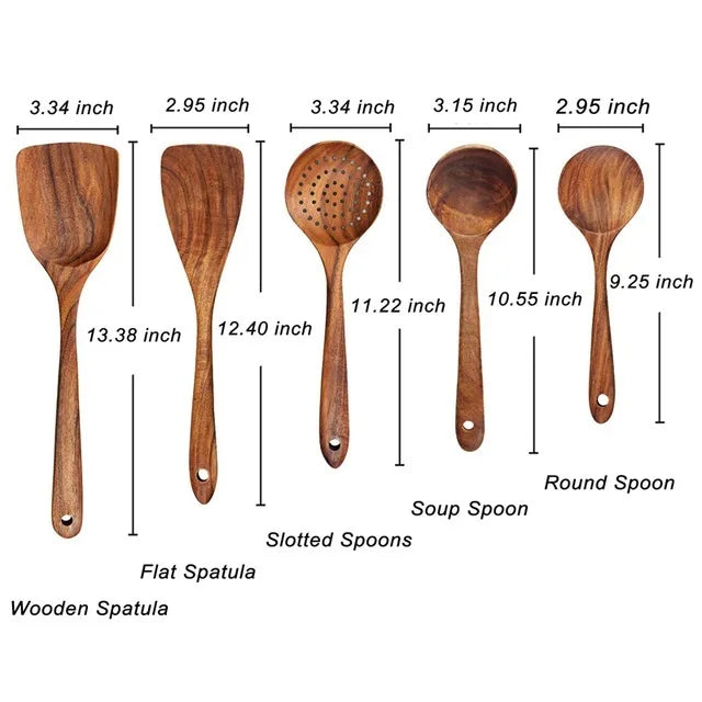 1–10PCS Teak Wooden Cooking Spoons – Smooth Non-Stick Wooden Utensils Set for Kitchen Cooking