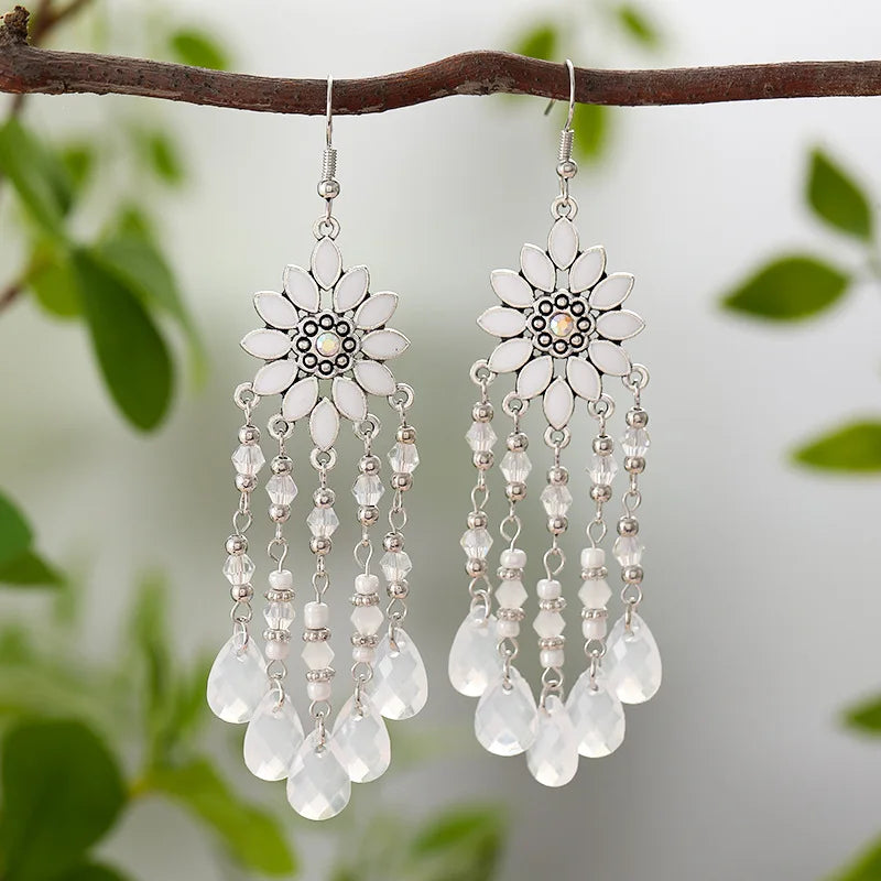 Bohemian Acrylic Water Drop Earrings - Crystal Bead Long Dangle Vacation Jewelry for Women