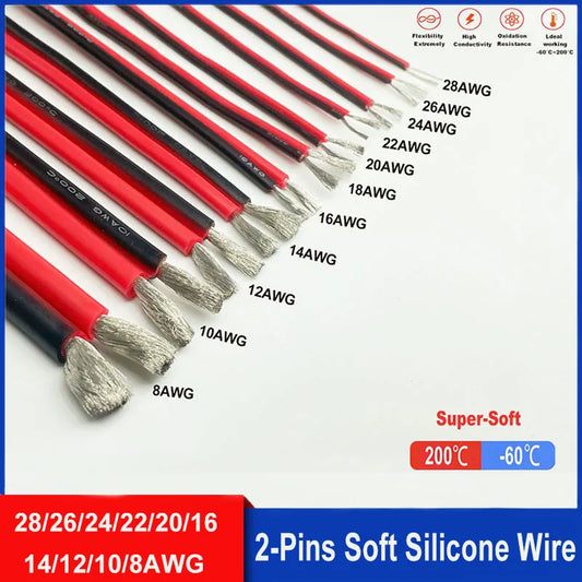 Super Soft Silicone Tinned Copper Wire - High Temperature 2-Pin Red & Black Cable (8AWG-28AWG)