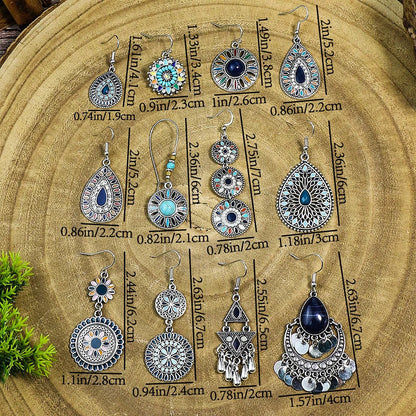 Blue Alloy Turquoise Bohemian Earrings - Retro Geometric Multi-Layer Statement Jewelry