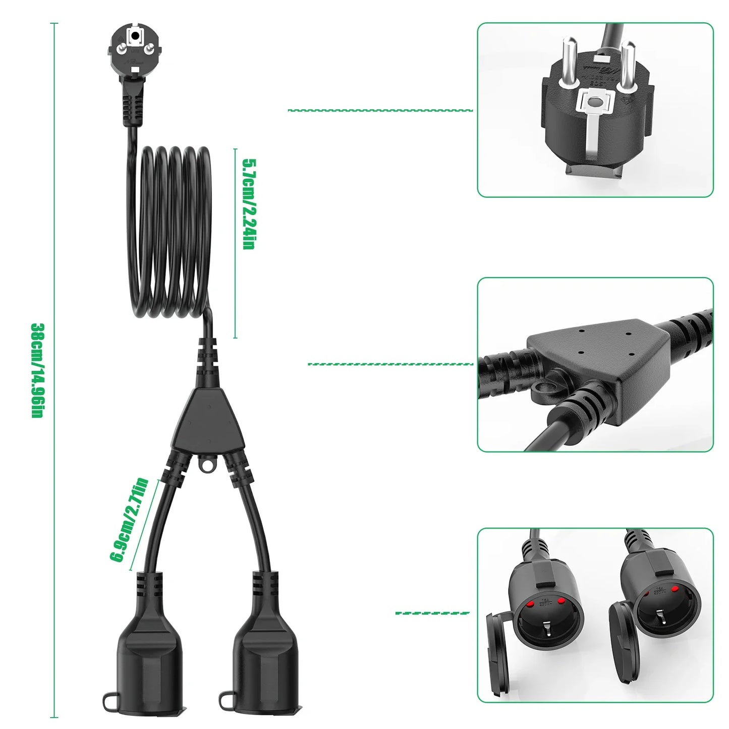 European Standard Power Extension Cord – 5cm/3/5/7M, Male to Female, 3680W 250V 16A with Safety Plug