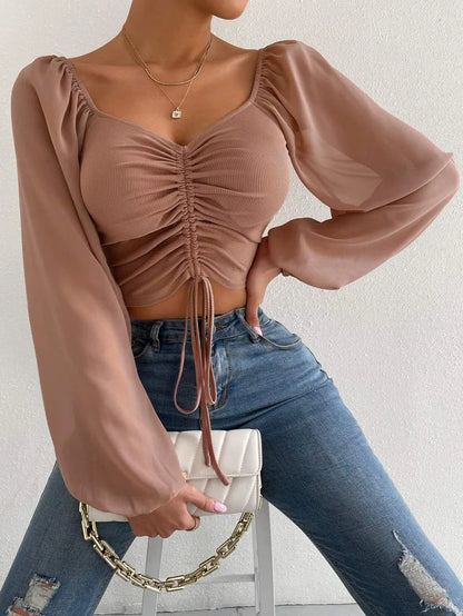 ALLUKASA Sexy Mesh Lantern Sleeves T-Shirt – Drawstring Wrap Chest & Bare Midriff, Women's Long Sleeve Bottoming Top