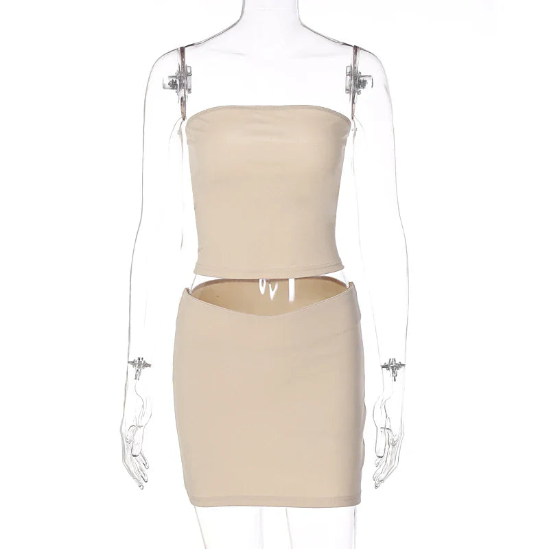 Hugcitar Solid Sleeveless Folds Tube Crop Top & Skirt Set – 2 Piece Summer Fashion Streetwear, Beach Clothing