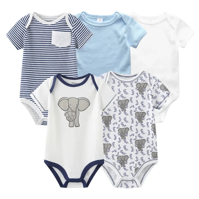 5PCS Newborn Baby Bodysuit Set - Soft Cotton Unisex Baby Clothes with Cartoon Print for Boys & Girls