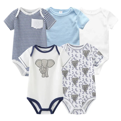 5PCS Newborn Baby Bodysuit Set - Soft Cotton Unisex Baby Clothes with Cartoon Print for Boys & Girls