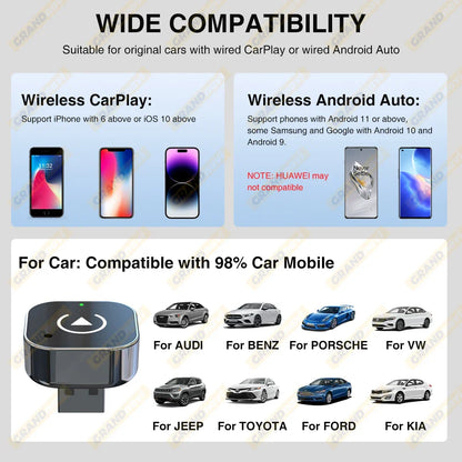2-in-1 Wired to Wireless CarPlay & Android Auto Adapter — USB Plug & Play with Bluetooth for OEM Car Stereo