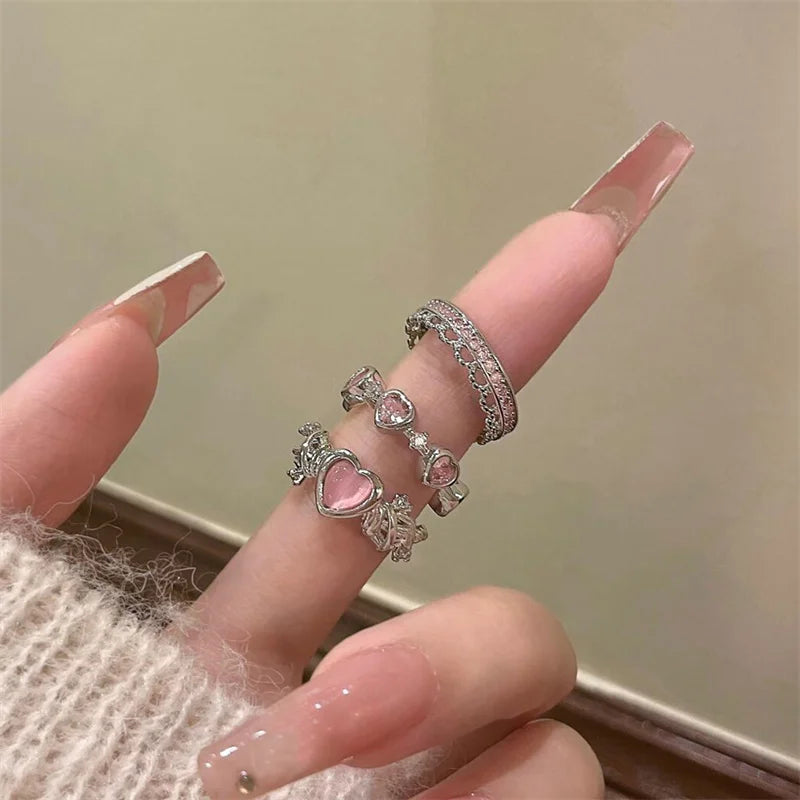 3PCS Heart Zircon Open Ring Set - Y2K Gothic Fashion Jewelry Accessories for Women & Girls