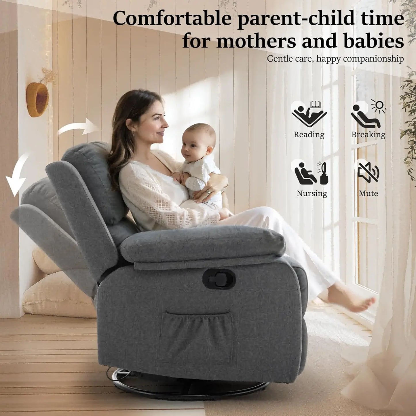 360° Swivel Recliner Rocker Chair – Upholstered Fabric Glider for Adults & Nursery Use