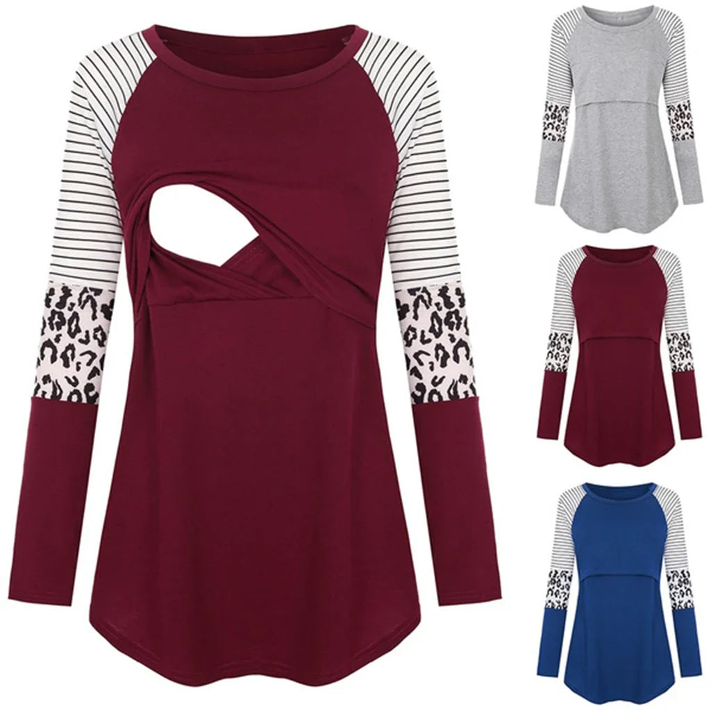 Women’s Maternity Nursing Top – Long Sleeve Patchwork Color Blouse for Breastfeeding