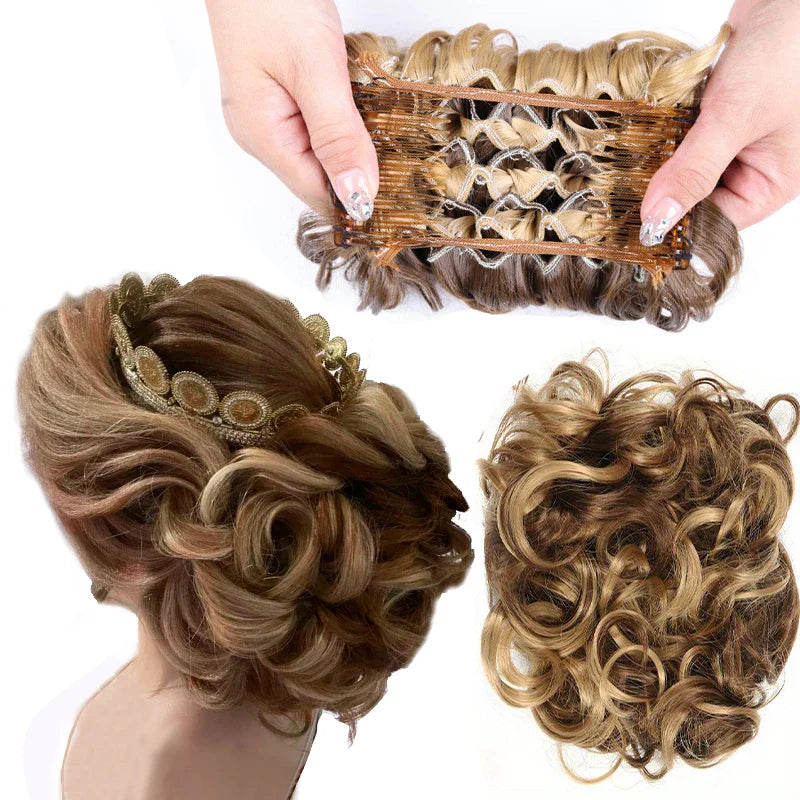 Short Messy Curly Hair Bun Extension – Easy Stretch Combs & Clip-in Ponytail Scrunchie Chignon for Hair Styling