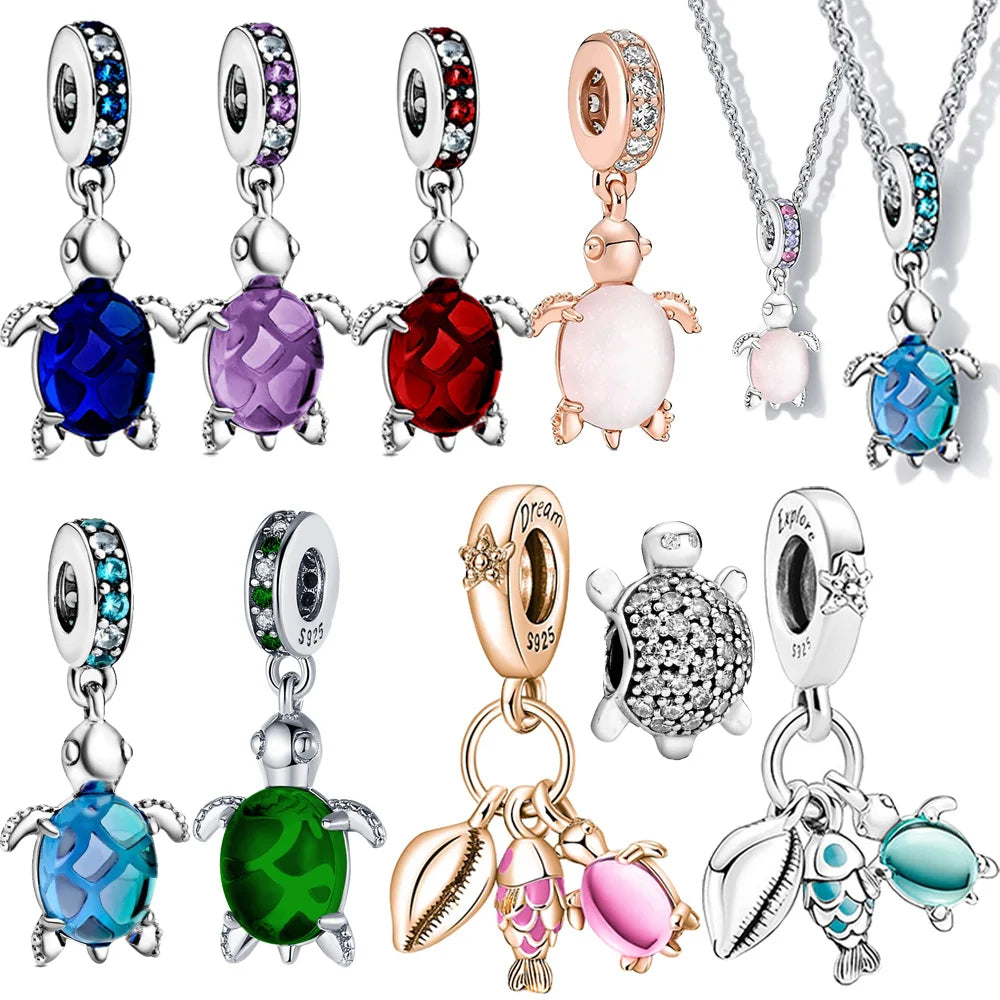 925 Silver Plated Murano Glass Sea Turtle Dangle Charm - Colorful Pink & Blue Jewelry for Women's Bracelet