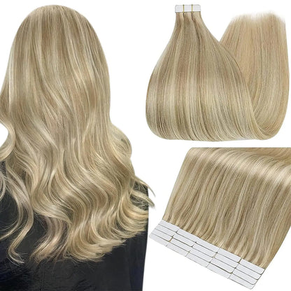 Full Shine Tape In Human Hair Extensions - 100% Remy Straight Hair Double Sided Silky Natural Tapes for Women