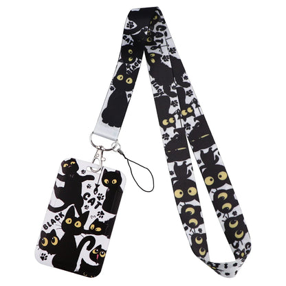 LX1293 Cartoon Black Cat Lanyard – Keychain, ID & Credit Card Holder, Phone Charm Neck Strap, Badge Accessories