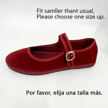 Women's Velvet Mary Jane Shoes – Hand-Stitched Ballet Flats, Casual Streetwear Loafers in Solid Colors