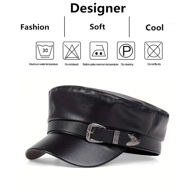 Large Buckle Leather Beret Hat - Fashion Sailor Military Cap for Women and Men