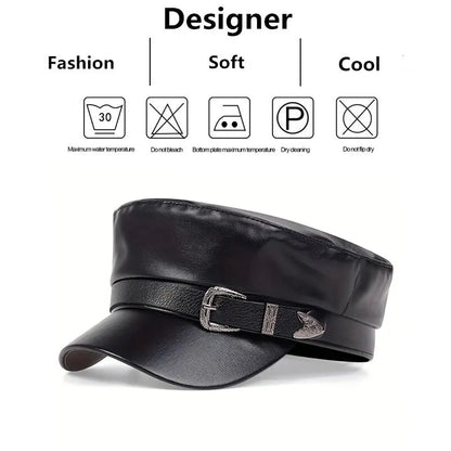 Large Buckle Leather Beret Hat - Fashion Sailor Military Cap for Women and Men