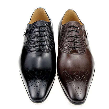 Men’s Genuine Leather Formal Shoes - Fashion Lace-Up Wedding Brogue Dress Shoes with Woven Design