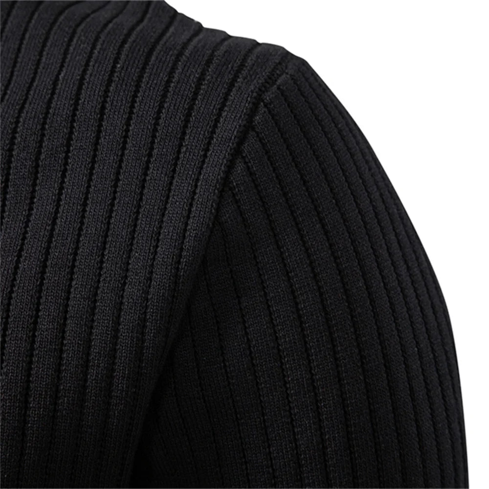 Men's Ribbed Stripe Polo Shirt - Long Sleeve Button Placket Premium Business Casual Top